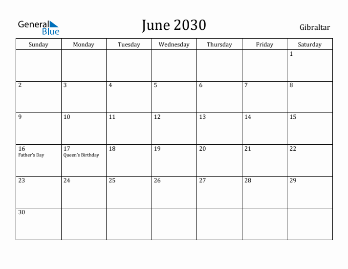 June 2030 Calendar Gibraltar