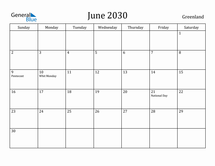 June 2030 Calendar Greenland