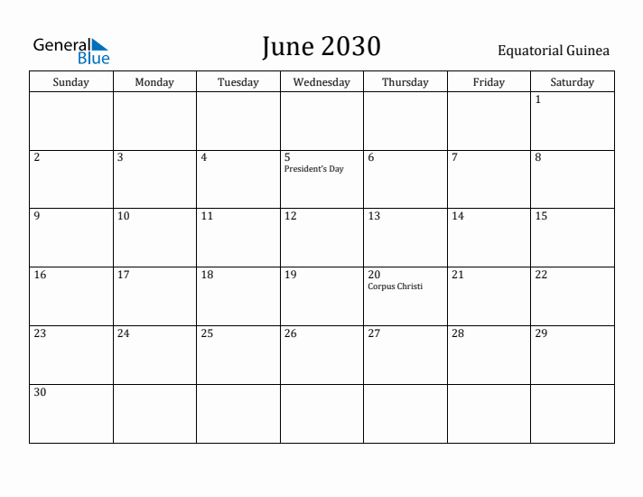 June 2030 Calendar Equatorial Guinea