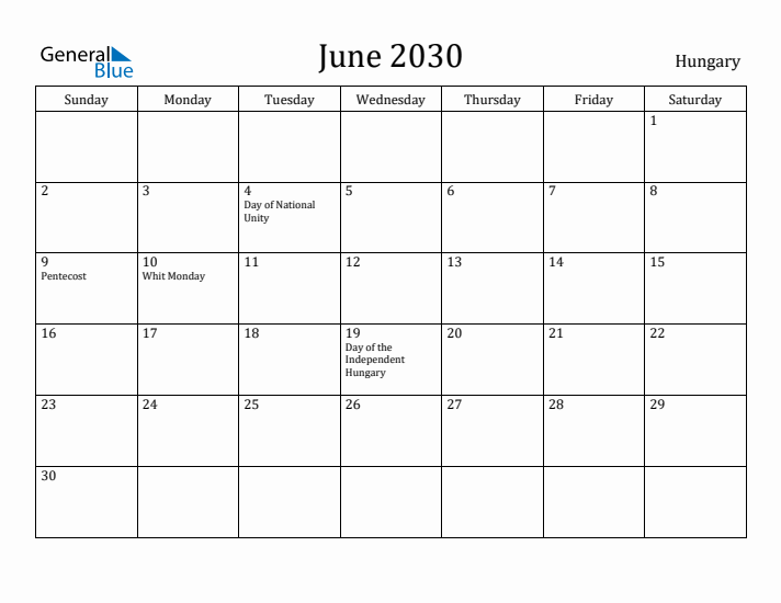 June 2030 Calendar Hungary