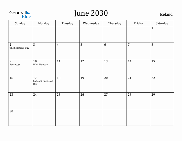 June 2030 Calendar Iceland
