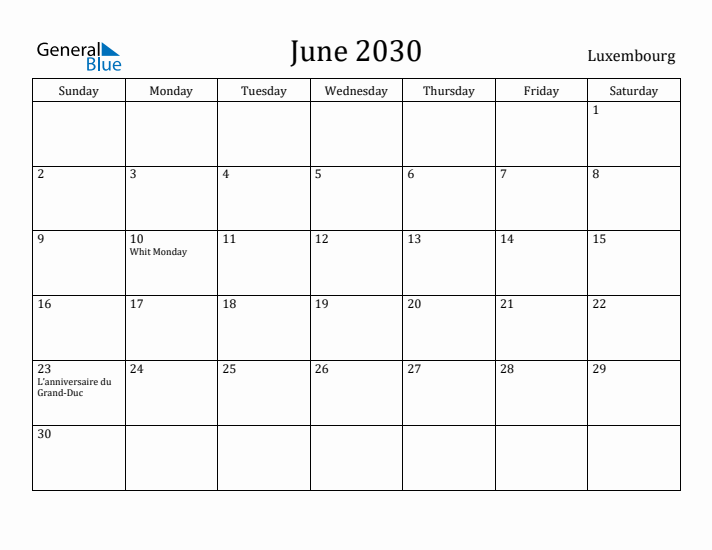 June 2030 Calendar Luxembourg
