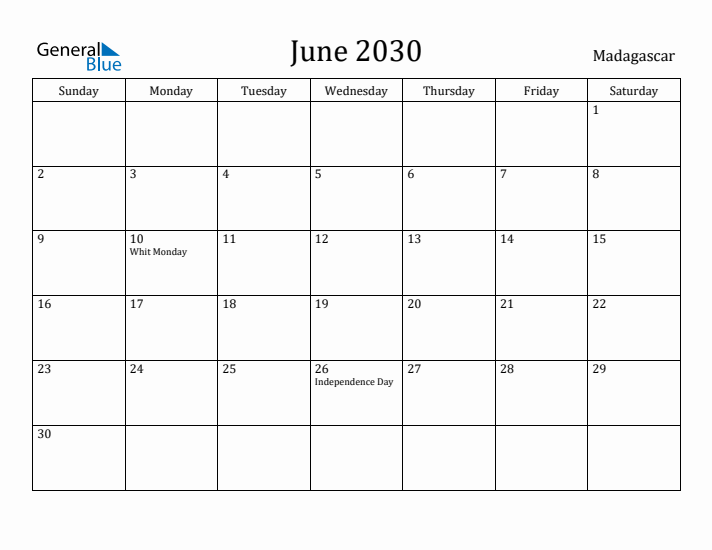 June 2030 Calendar Madagascar