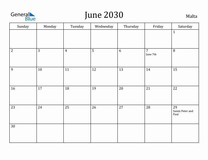 June 2030 Calendar Malta