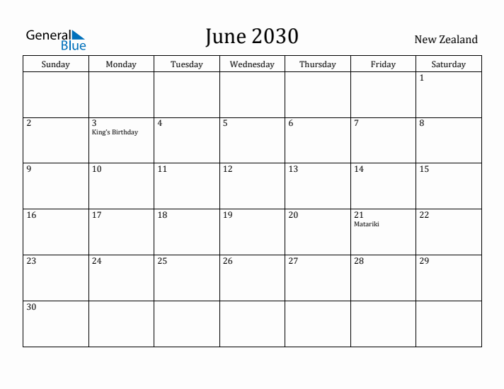 June 2030 Calendar New Zealand