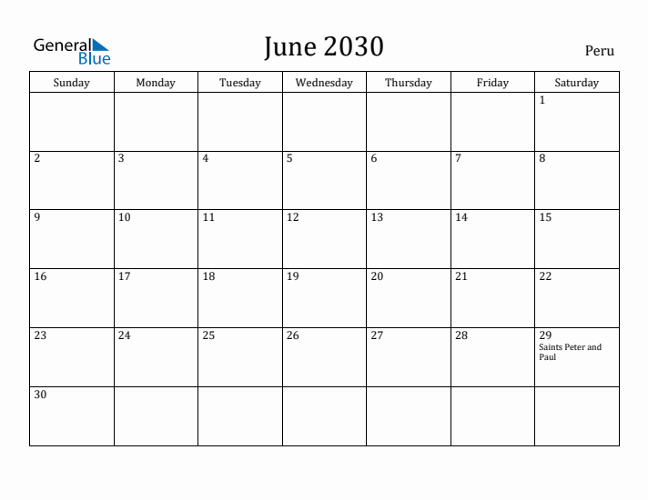 June 2030 Calendar Peru
