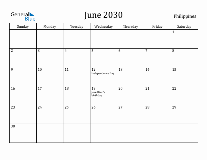 June 2030 Calendar Philippines