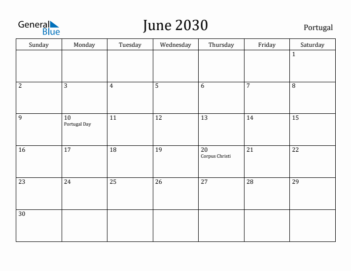 June 2030 Calendar Portugal