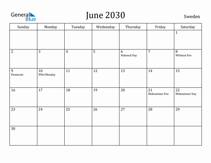 June 2030 Calendar Sweden