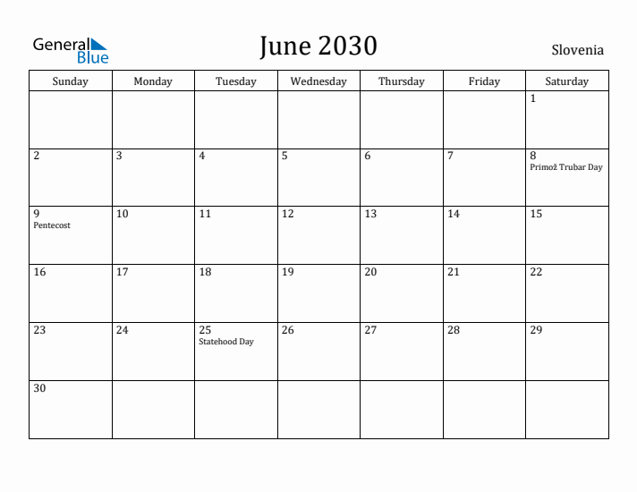 June 2030 Calendar Slovenia