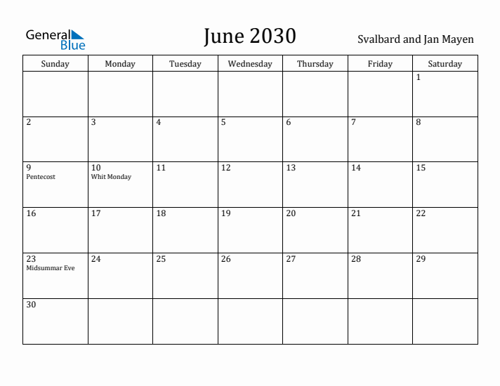 June 2030 Calendar Svalbard and Jan Mayen