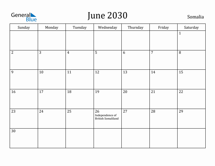 June 2030 Calendar Somalia