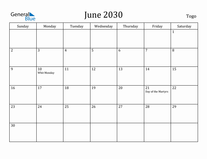 June 2030 Calendar Togo
