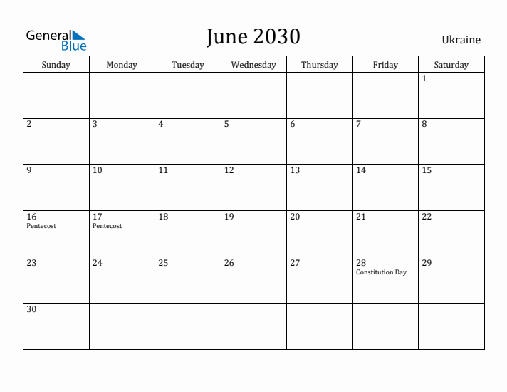 June 2030 Calendar Ukraine