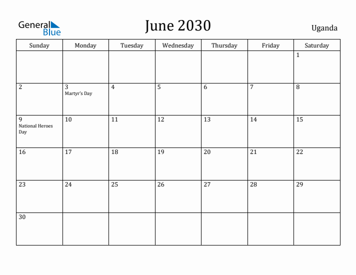 June 2030 Calendar Uganda