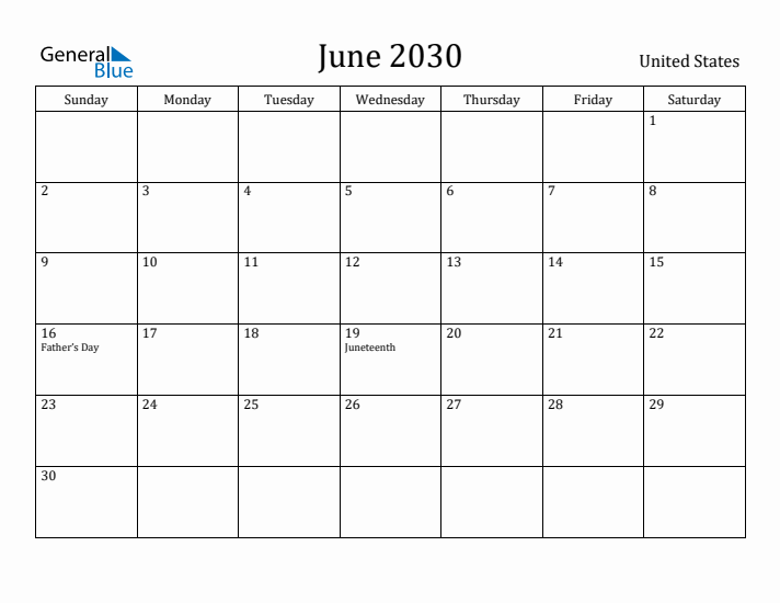 June 2030 Calendar United States