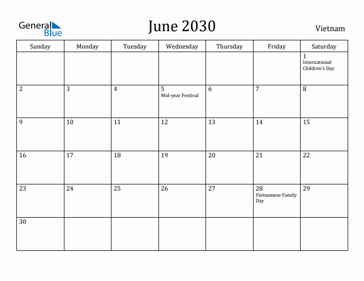 June 2030 Calendar Vietnam