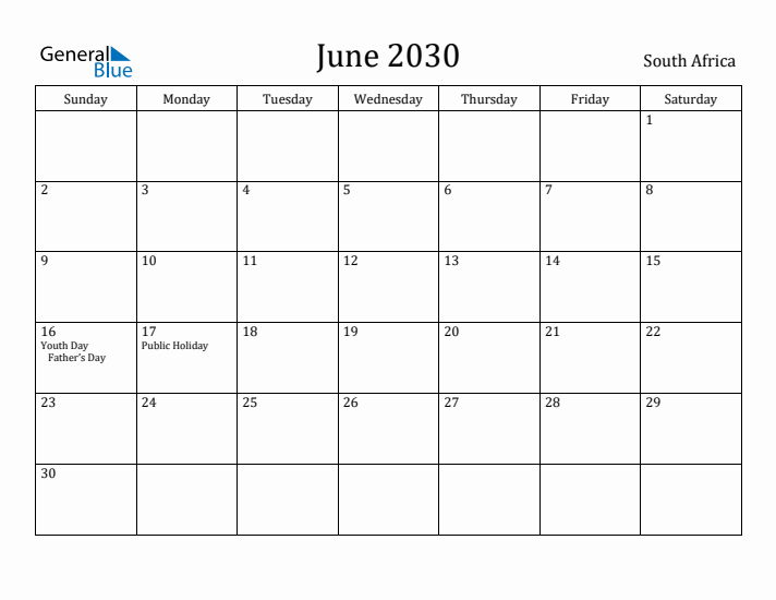 June 2030 Calendar South Africa