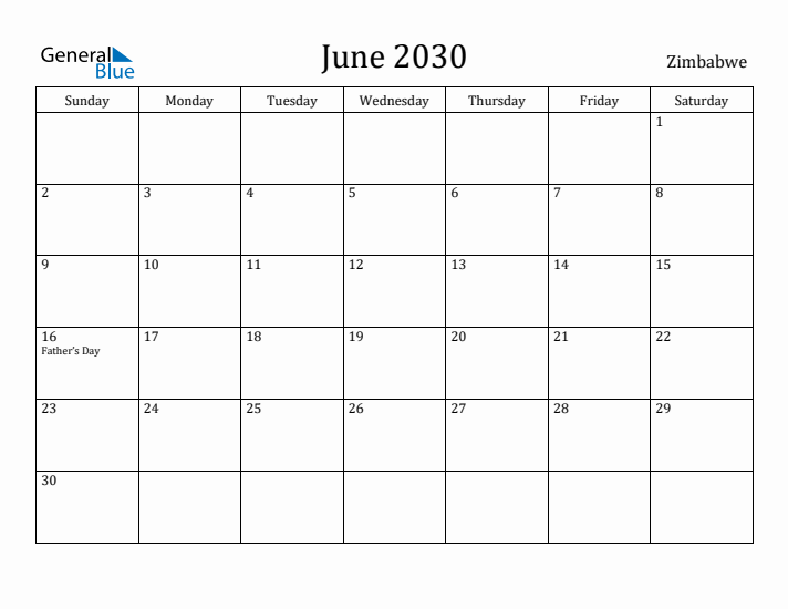 June 2030 Calendar Zimbabwe