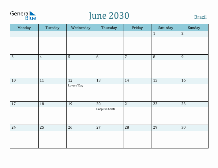 June 2030 Calendar with Holidays