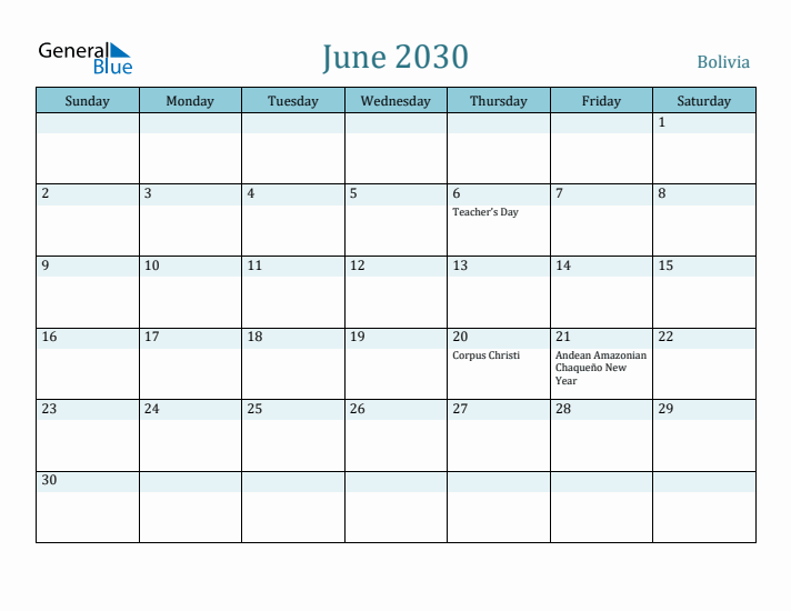 June 2030 Calendar with Holidays