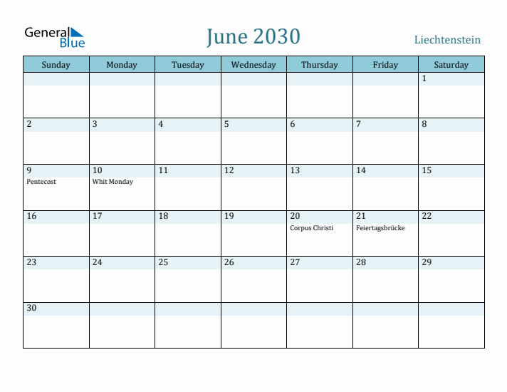 June 2030 Calendar with Holidays