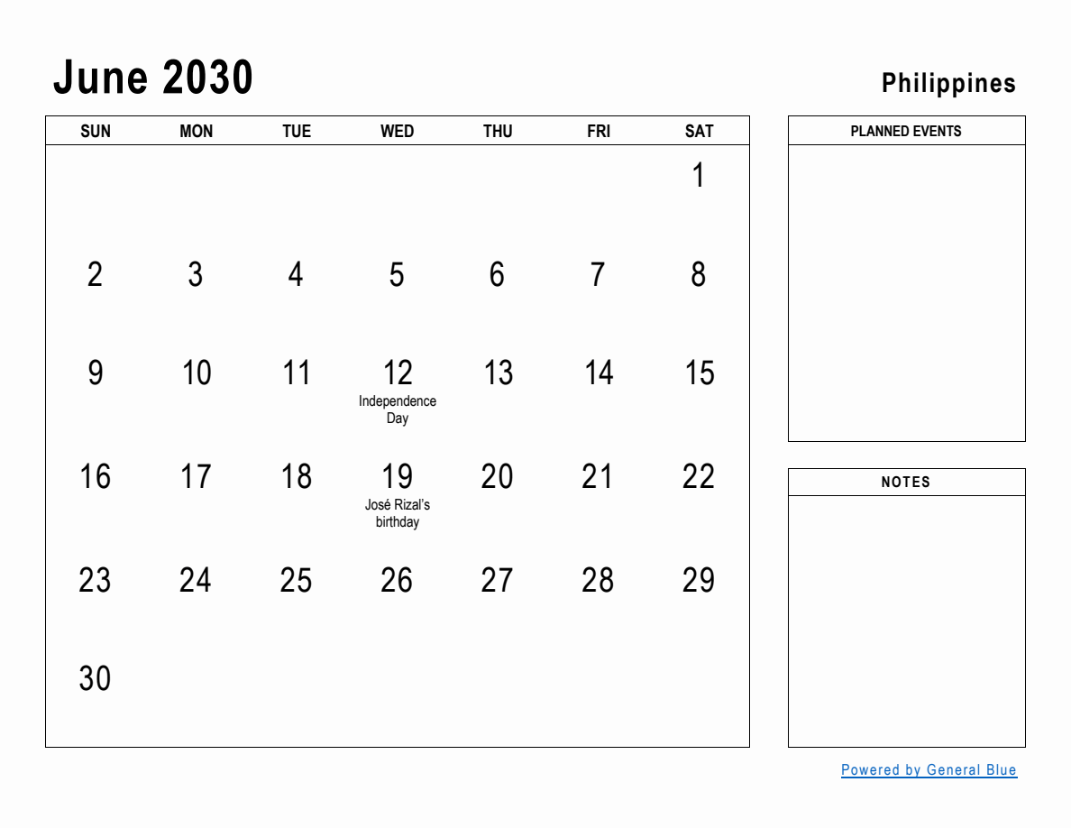 June 2030 Planner With Philippines Holidays