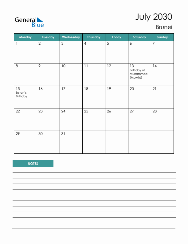 Calendar with Notes Printable - Monday Start