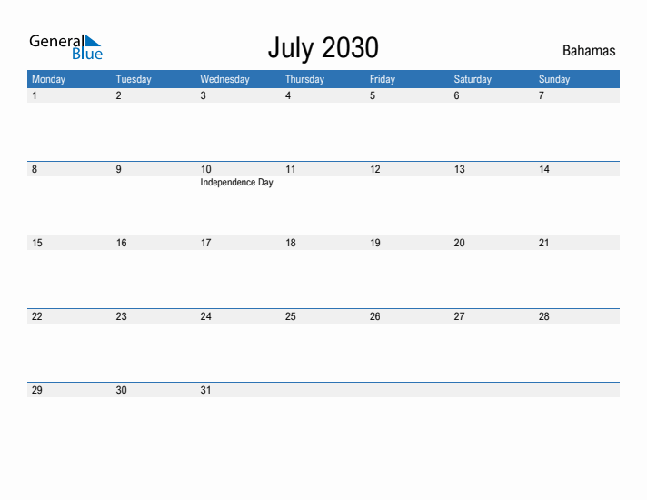 Fillable July 2030 Calendar