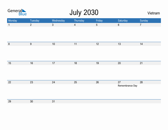 Fillable July 2030 Calendar