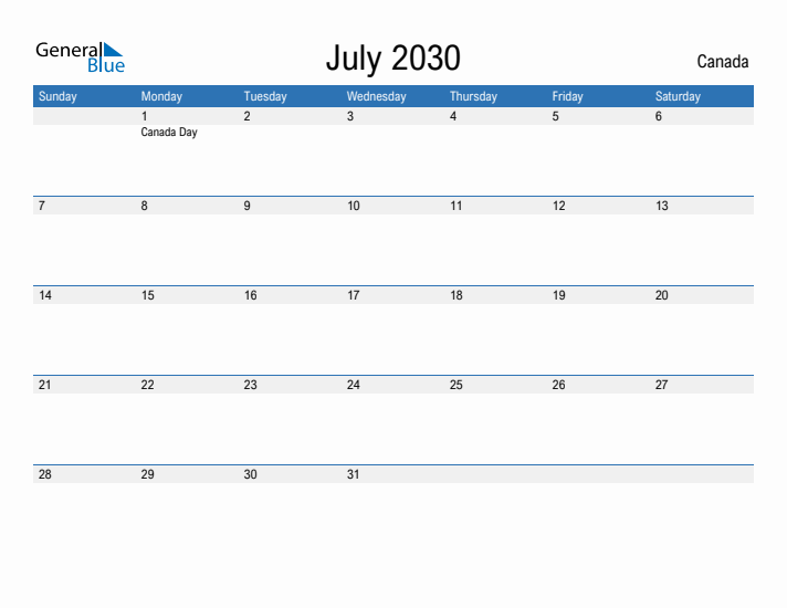 Fillable July 2030 Calendar