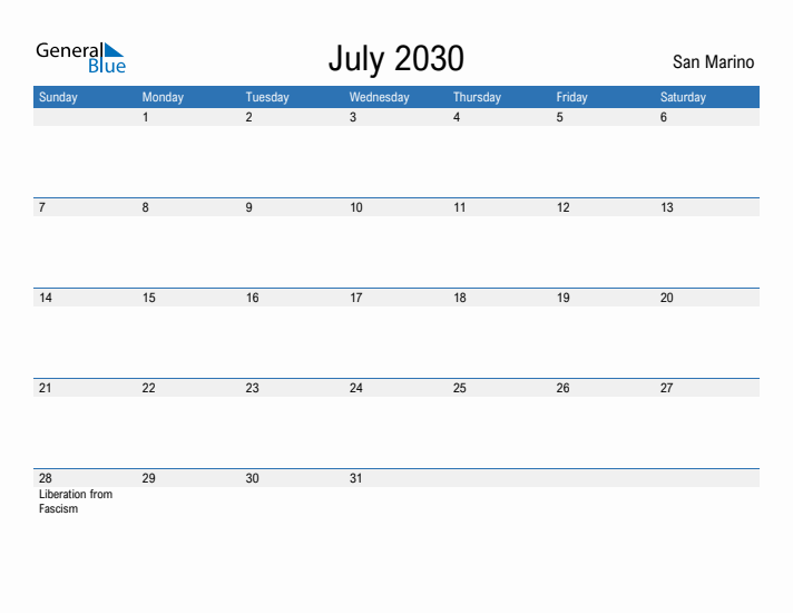 Fillable July 2030 Calendar
