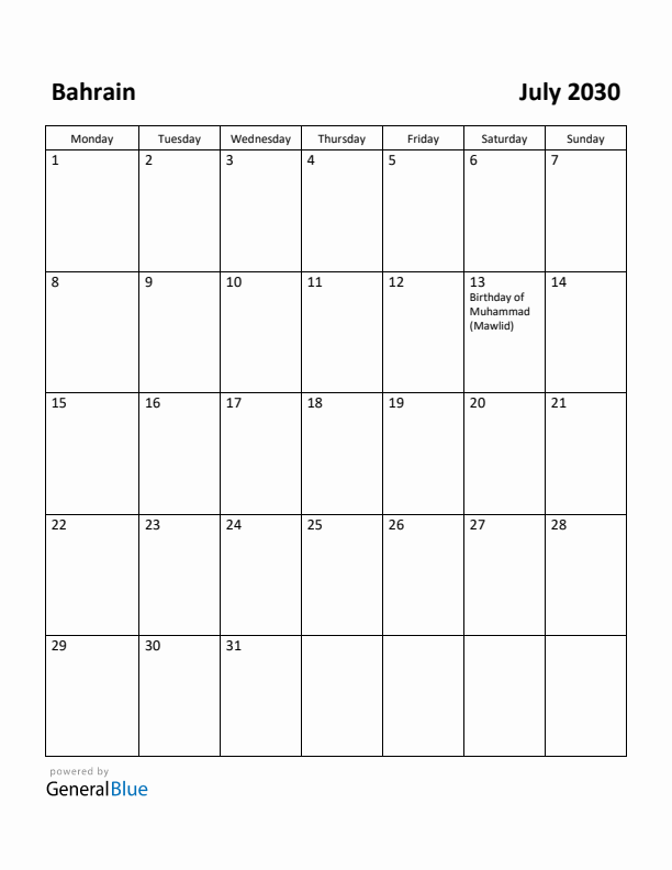 July 2030 Calendar with Bahrain Holidays