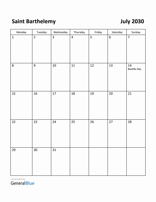 July 2030 Calendar with Saint Barthelemy Holidays