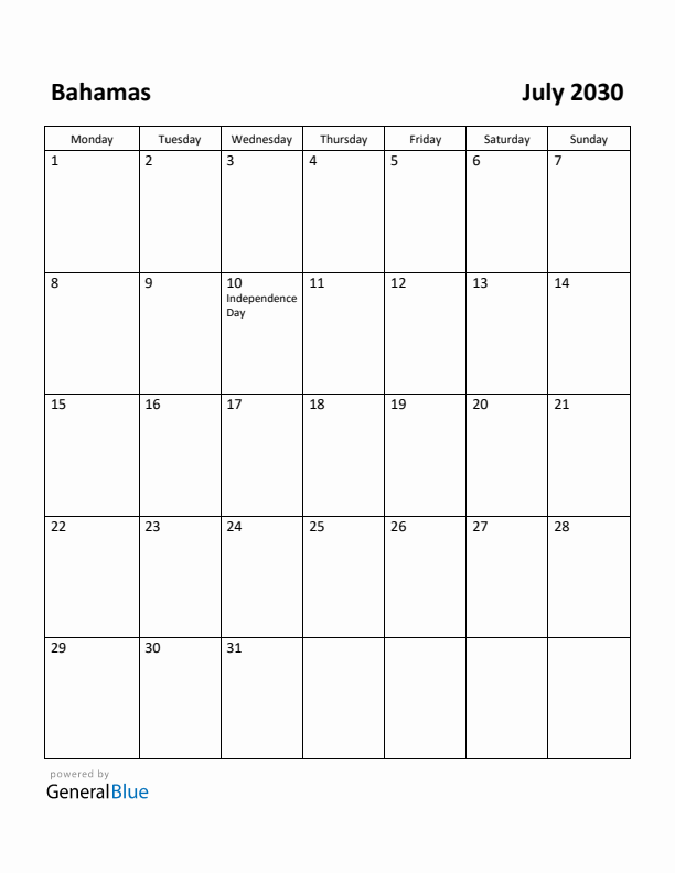 July 2030 Calendar with Bahamas Holidays