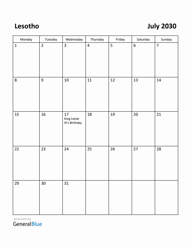July 2030 Calendar with Lesotho Holidays