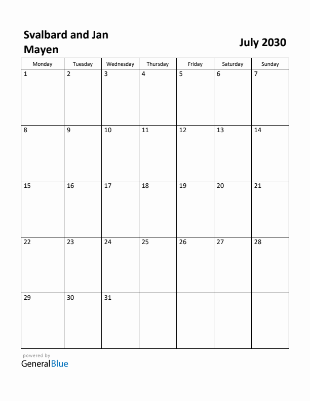 July 2030 Calendar with Svalbard and Jan Mayen Holidays