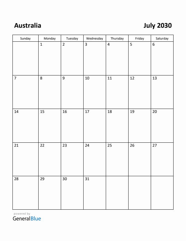 July 2030 Calendar with Australia Holidays