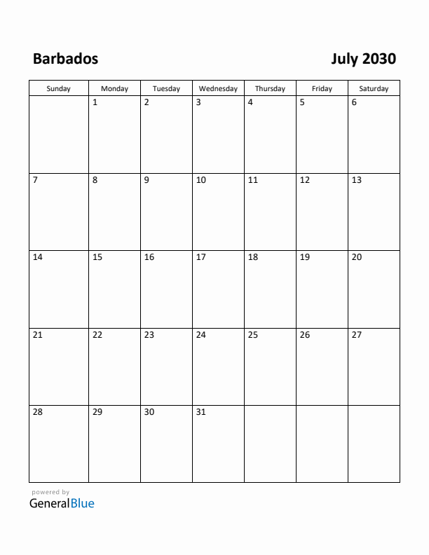 July 2030 Calendar with Barbados Holidays