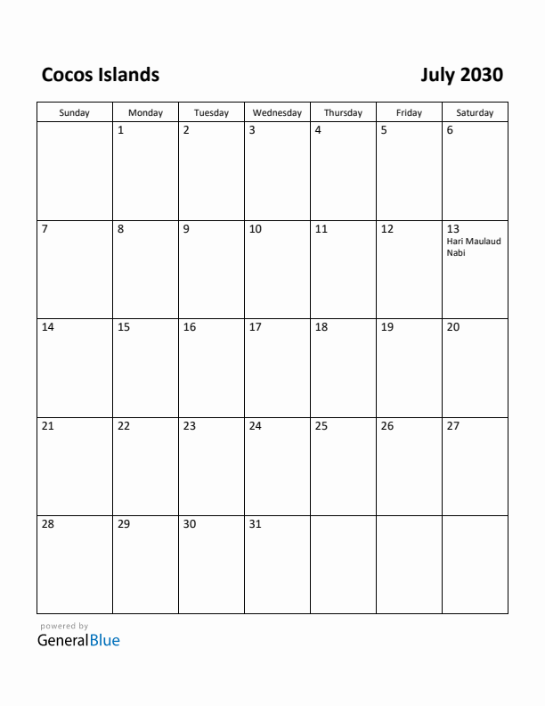 July 2030 Calendar with Cocos Islands Holidays