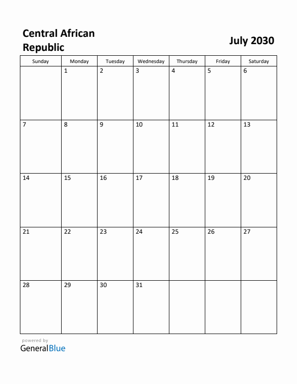 July 2030 Calendar with Central African Republic Holidays