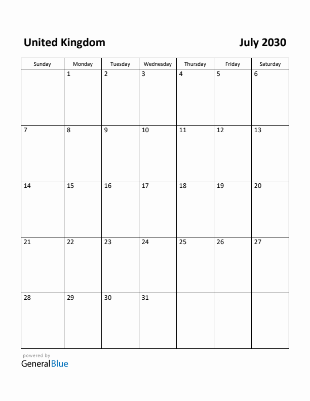 July 2030 Calendar with United Kingdom Holidays