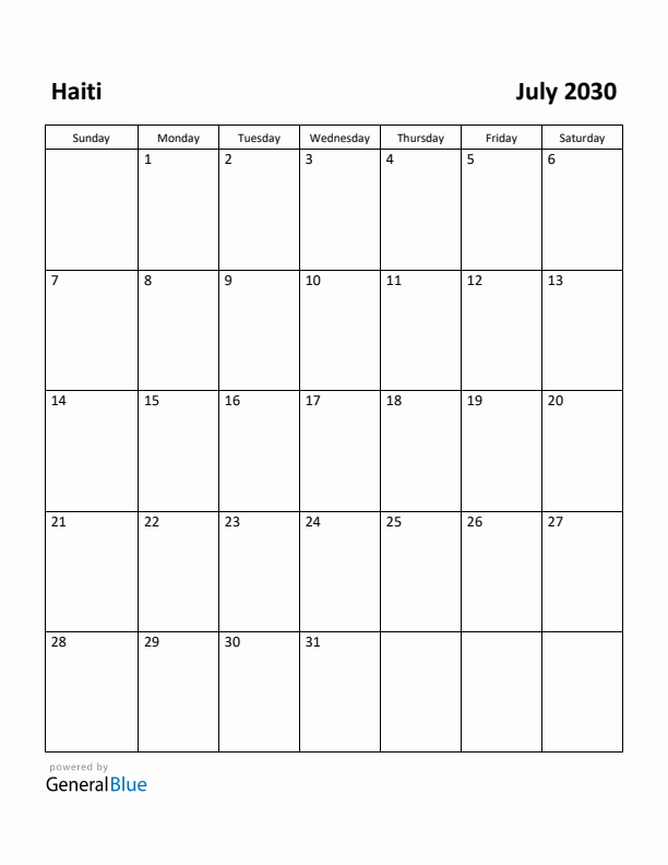 July 2030 Calendar with Haiti Holidays