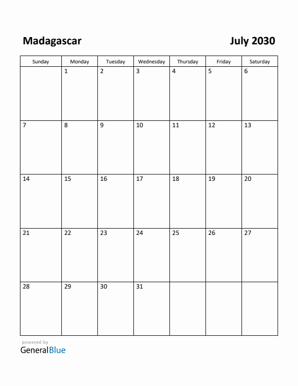 July 2030 Calendar with Madagascar Holidays
