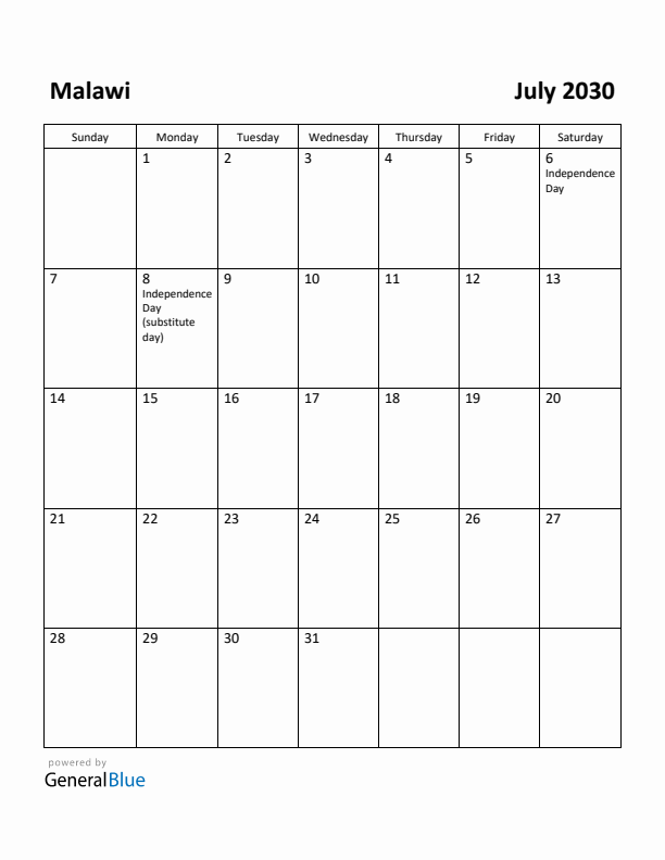 July 2030 Calendar with Malawi Holidays