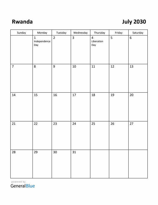 July 2030 Calendar with Rwanda Holidays
