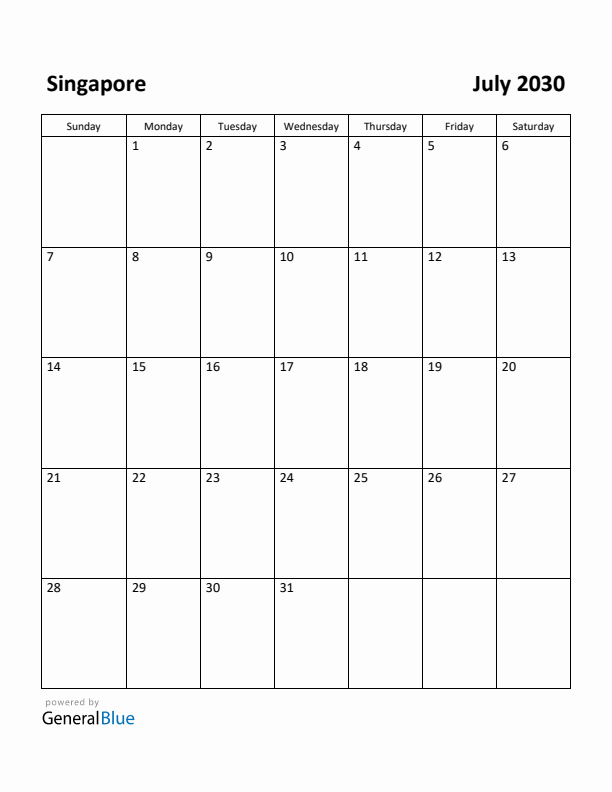 July 2030 Calendar with Singapore Holidays