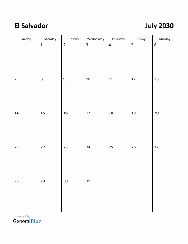 July 2030 Calendar with El Salvador Holidays