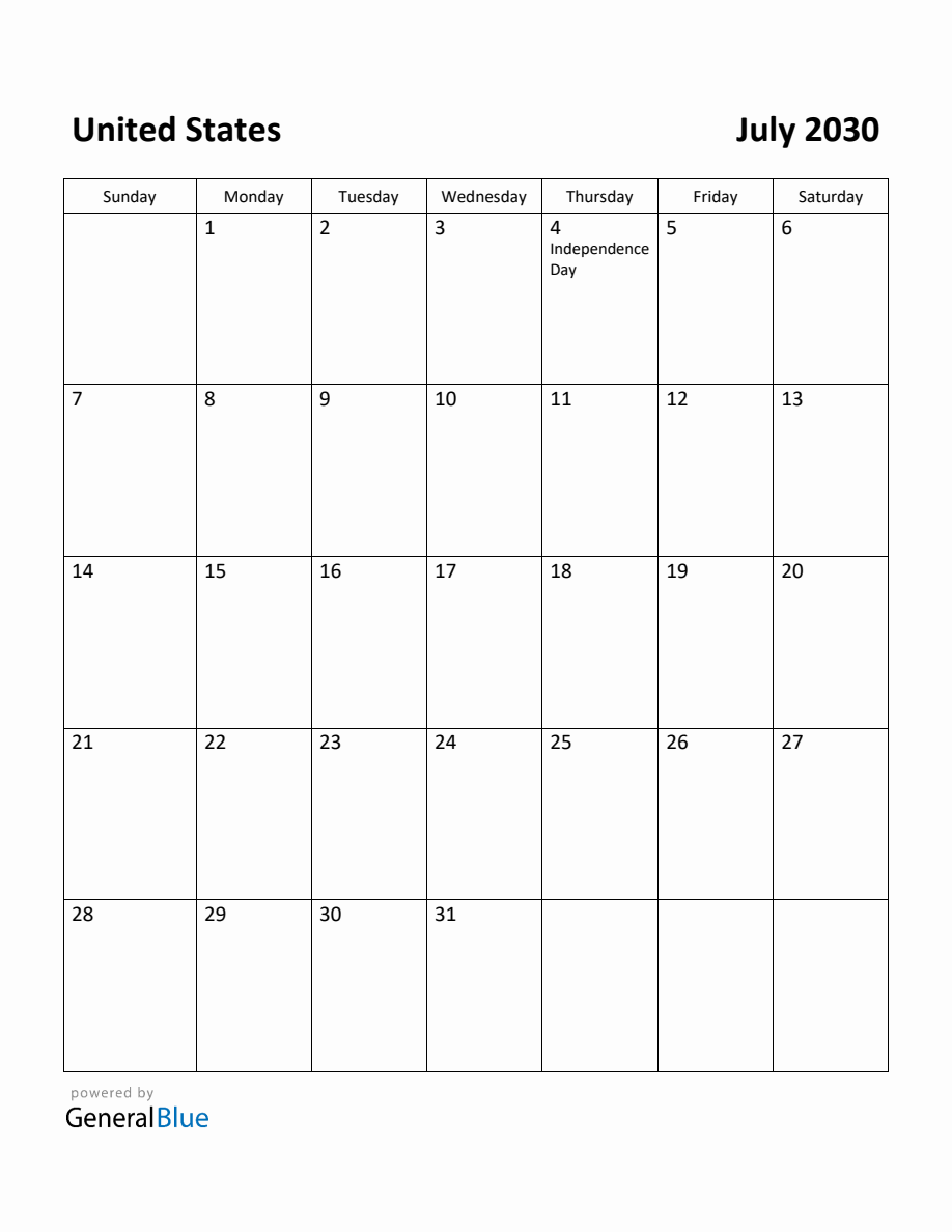 Free Printable July 2030 Calendar for United States