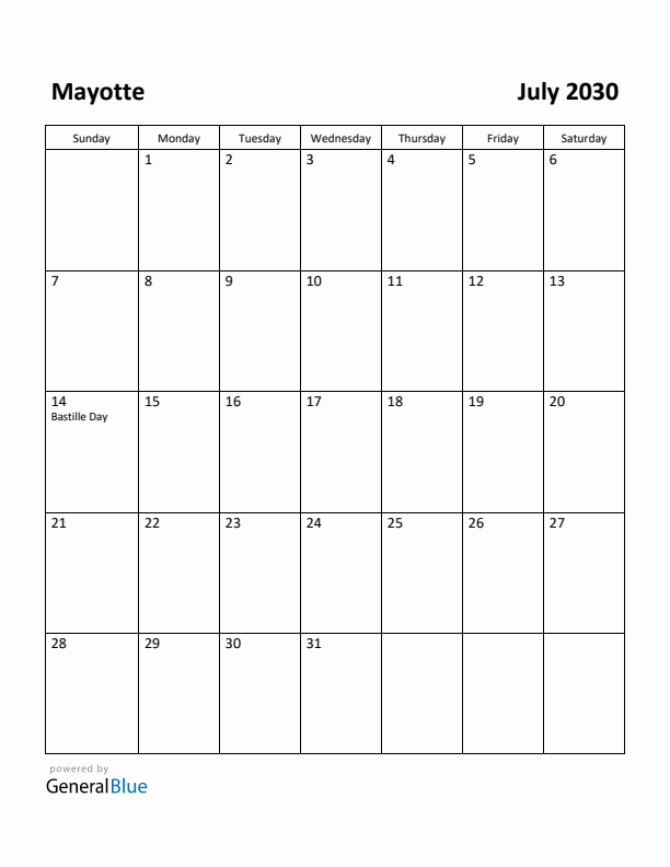 July 2030 Calendar with Mayotte Holidays